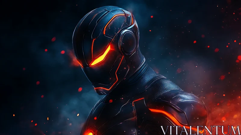 Cyberpunk exosuit portrait with molten neon accents and bokeh flare.