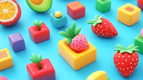 Playful 3D strawberries pop against bright candy blocks