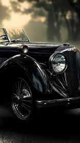 Prewar black roadster front quarter, chrome grille in foggy light