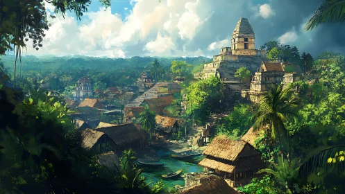 Dense jungle settlement with stepped stone temples at center.