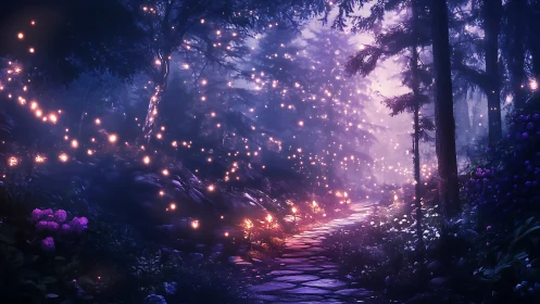 Enchanted Forest Path with Glowing Lights and Purple Flora.