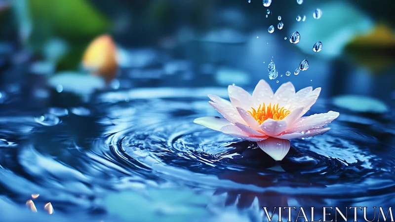 Lotus blossom amid rippling water under falling droplets.
