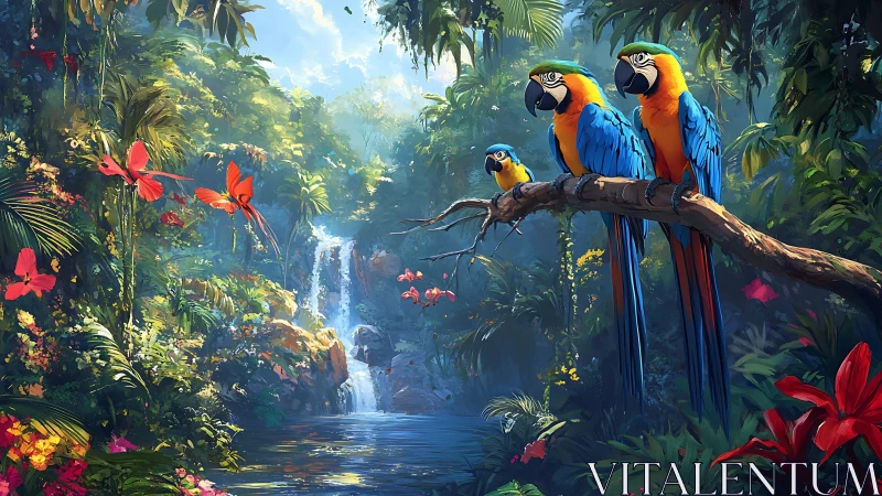 Three macaws remain perched above rainforest pool and waterfall