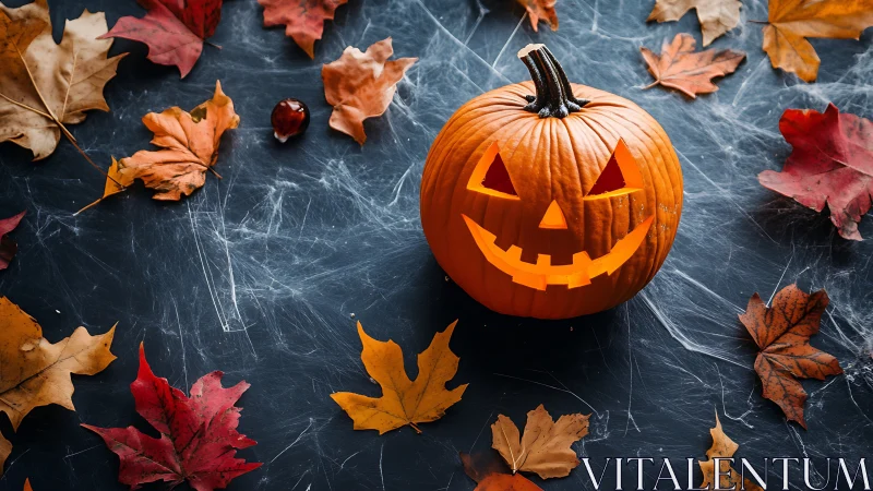 Jack-o-lantern on dark surface with scattered autumn leaves.