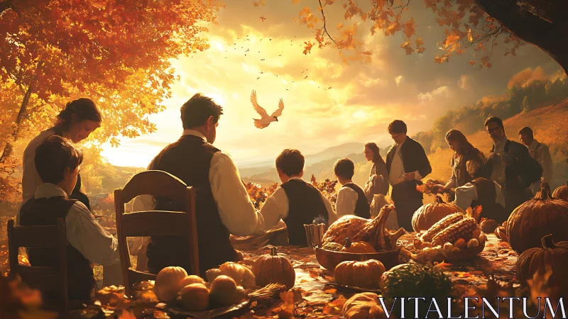 Sunlit harvest gathering around rustic autumn feast.
