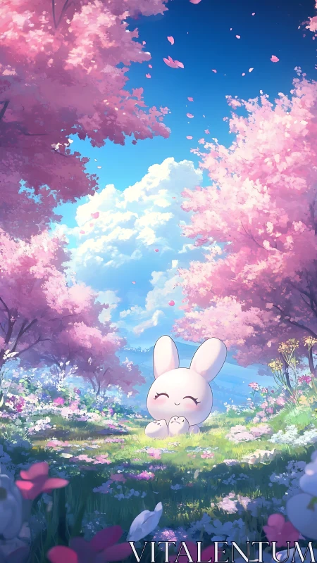Gentle bunny enjoys a sunny day under pink blossom trees
