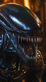 Alien creature roars with glistening biomechanical jaws.