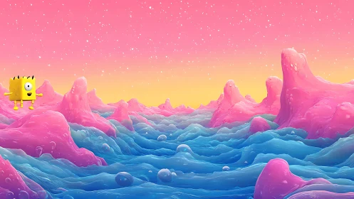 Chromatic gelatinous seascape with cubic character observer.