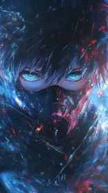 Masked cybernetic warrior framed by incandescent blue energy