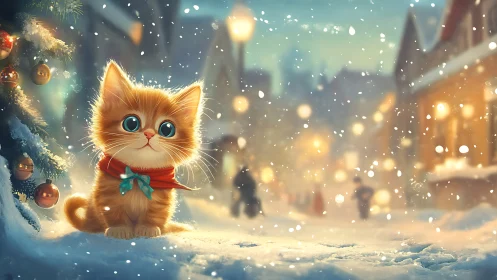 Snow-illuminated kitten portrait in festive urban bokeh field.