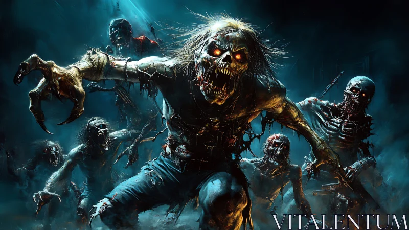 Ragged horror horde lunges from neon misted graveyard night.