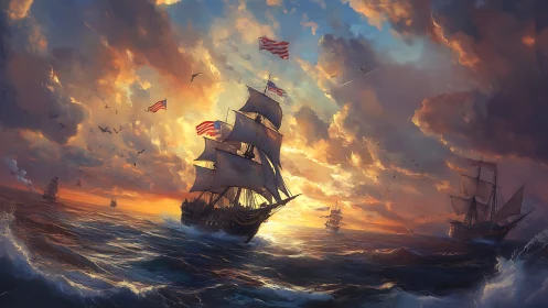 Majestic tall ship sails through blazing sunset sky at sea.