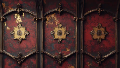 Ornate red wall panels show three gilded decorative emblems