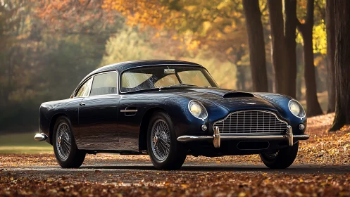 Classic grand tourer coupe parked on leaf-covered forest road