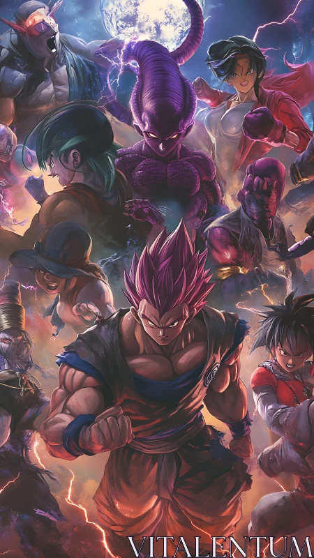 Anime warriors clash under stormlit cosmic sky. Period.