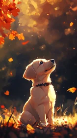 Golden puppy under autumn leaves in warm sunset light.