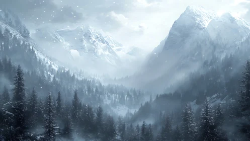 Atmospheric alpine valley rendered in high contrast winter haze