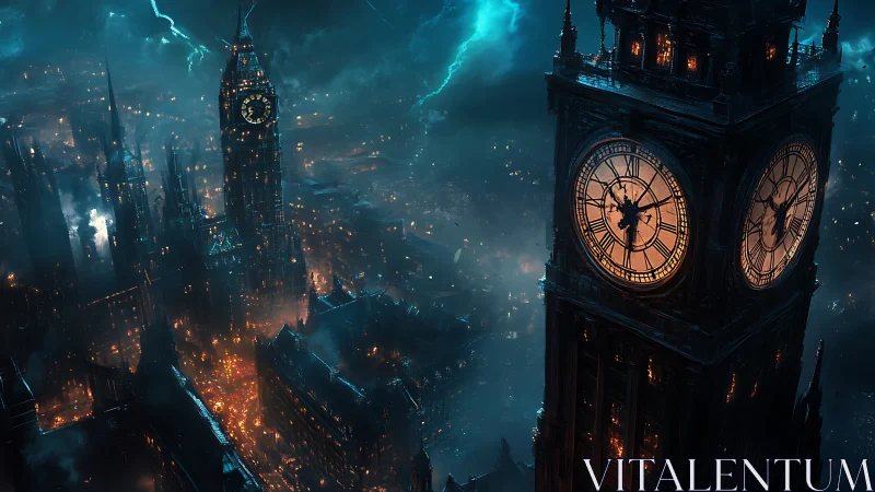 Storm-lit neo-gothic clocktowers above burning cityscape.