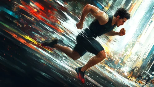 Dynamic digital painting of urban sprinter in motion blur field.
