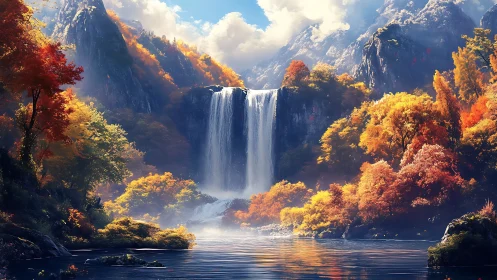 Golden autumn waterfall pours into a calm mountain lake