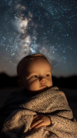 Baby wrapped in blanket gazes at starry night sky in wonder