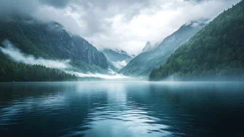 Mist-draped mountain fjord cradling a glassy sapphire lake.
