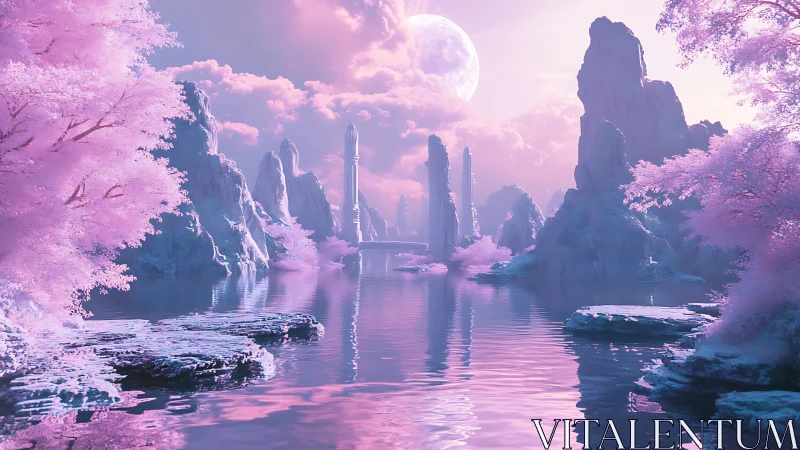 Pink alien lake with towering rocks under full moon.