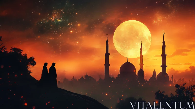 Golden moonrise over a quiet city of minarets and wonder.