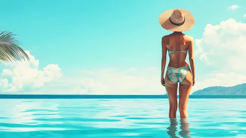Backlit woman in infinity pool under high-key tropical sky