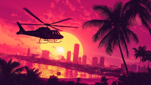 Neon sunset helicopter over retro-futurist tropical skyline.