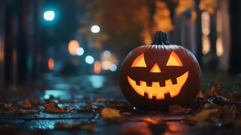 Glowing jack o lantern on wet autumn city sidewalk at night.