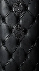 Black tufted leather upholstery with baroque embossed panels.