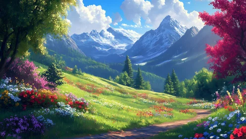 Sunlit mountain meadow where wildflowers greet the sky.