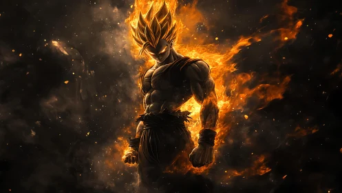 Fiery anime warrior stands powered up in burning aura.