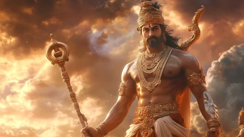 Mythic warrior deity in ornate golden armor at sunset.