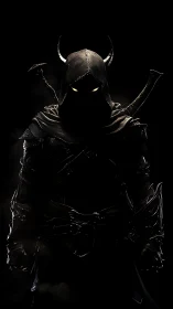 Hooded horned warrior silhouette in dark armor profile.