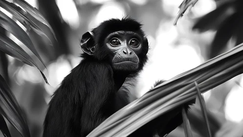 Curious young monkey gazes warmly from soft jungle shadows