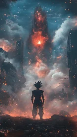 Silhouette of spiky haired figure facing burning towered ruin.