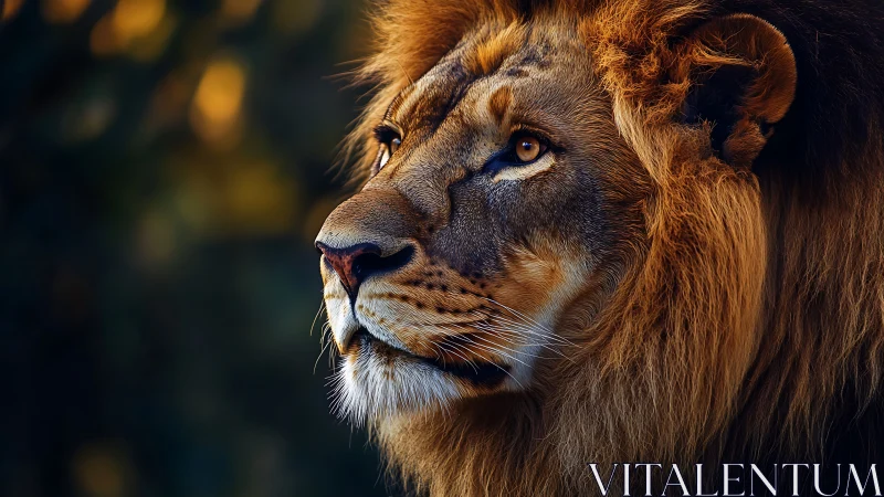 Golden-maned lion gazing softly into warm evening light.