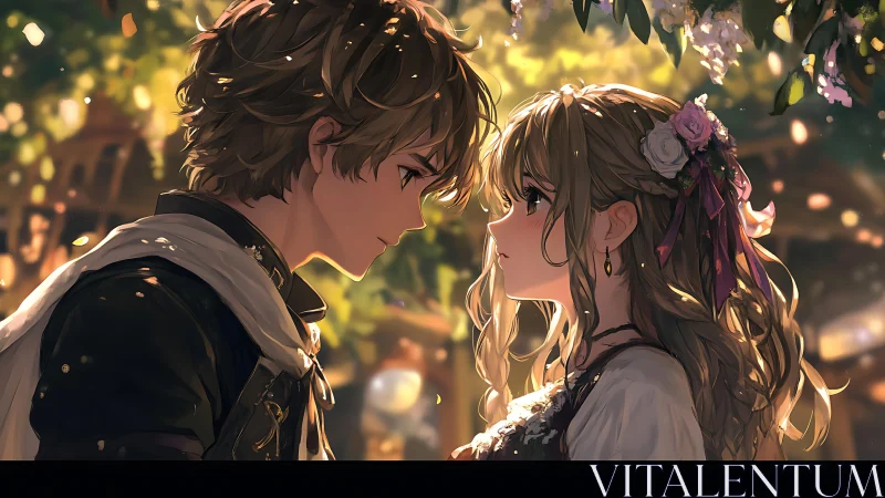 Romantic anime couple share quiet moment under lantern lights