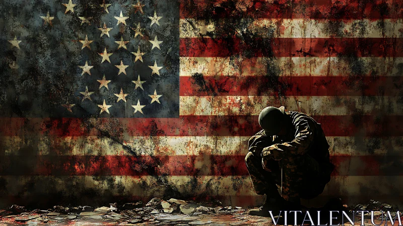 Crouched soldier silhouette before distressed US flag mural