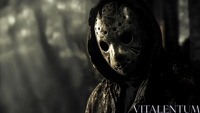 Cinematic horror portrait with masked figure in chiaroscuro lighting.