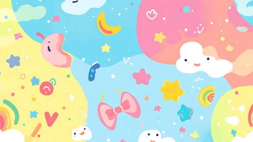 Playful pastel sky with kawaii clouds and floating symbols.