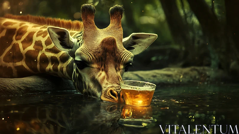 Giraffe drinks glowing golden liquid from forest pool.