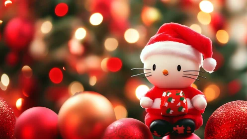 Cute cat Christmas figure holding gift amid baubles.