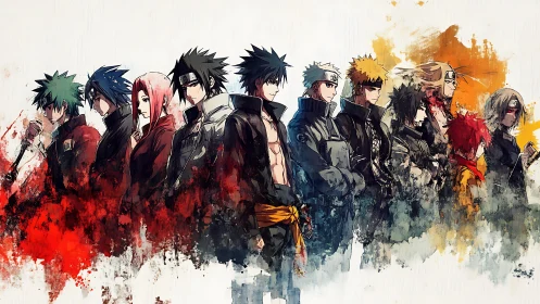 Lineup of intense anime fighters in textured profile row.