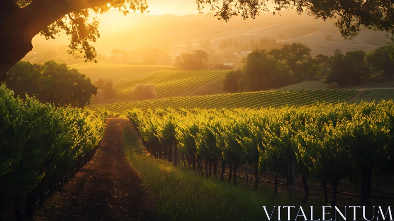 Golden hour sunlight over orderly vineyard rows at dusk.