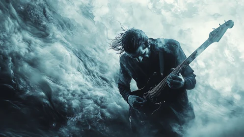 Guitarist riding stormy waves of sound in swirling light.