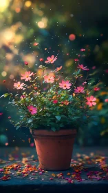 Blooming Cosmos in Terracotta: Luminous Floral Composition with Particle Effects