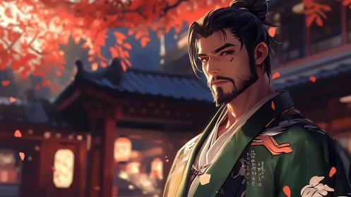 Samurai warrior under autumn maple in warm sunset light.